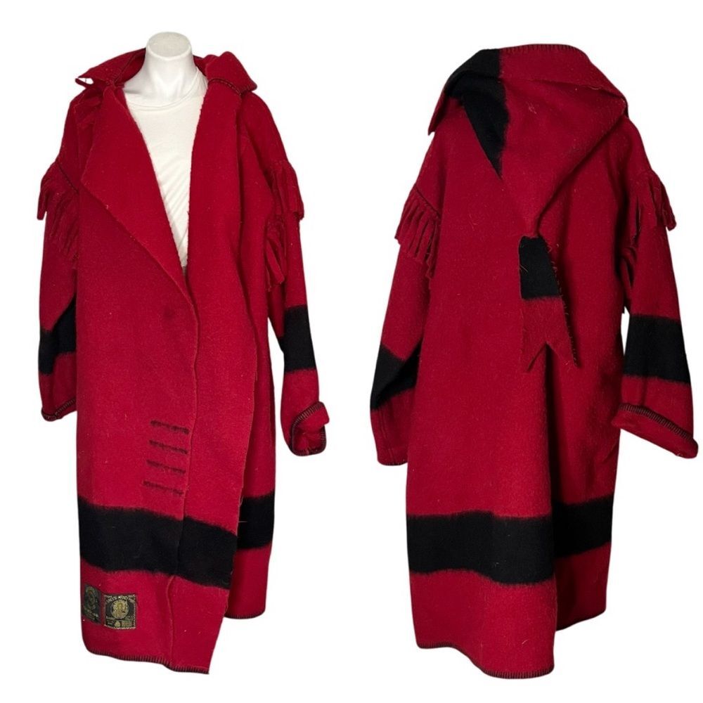 EARLYS WITNEY POINT Red Black Blanket Coat Capote Coat Hood Womens Size Large - Picture 11 of 11